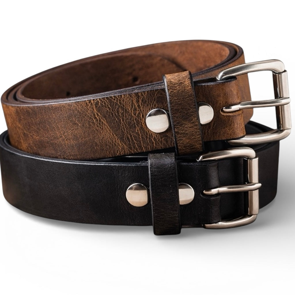 Two real work belts. No Men’s Leather Work Belt 2-Pack – Handmade USA 1.5” Brown + Black